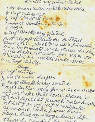 Original Handwritten Copy of Blackberrie Wine Cake